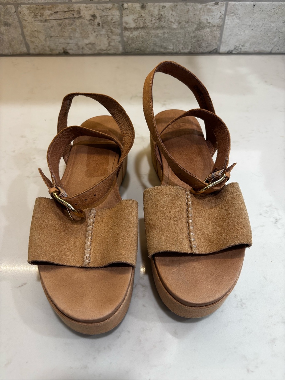 UGG New Heights Ankle Strap platform sandals in tan suede